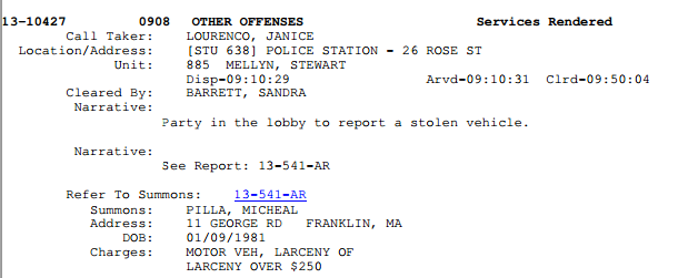 Michael Pilla Police Log Entry